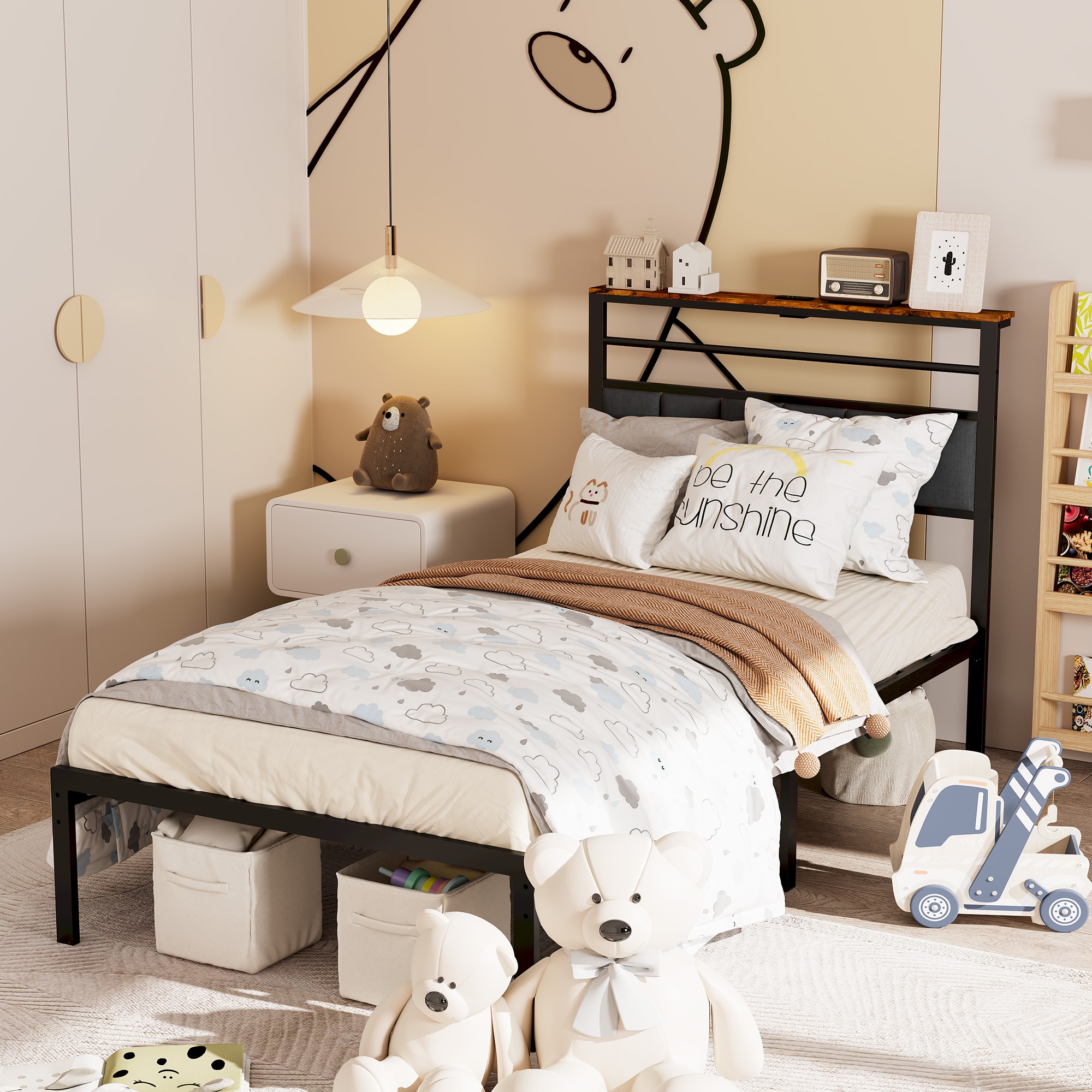 Twin Platform Bed Frame With Charging Station And Storage Headboard_voghion.com